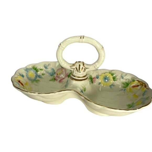 Vintage Double Trinket Tray  Olive Bowl Handle Porcelain Hand Painted Japan u - Picture 2 of 9